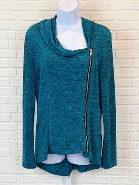 Man Xi Shang Teal Heathered Asymmetric Zip Cowl Neck Top L